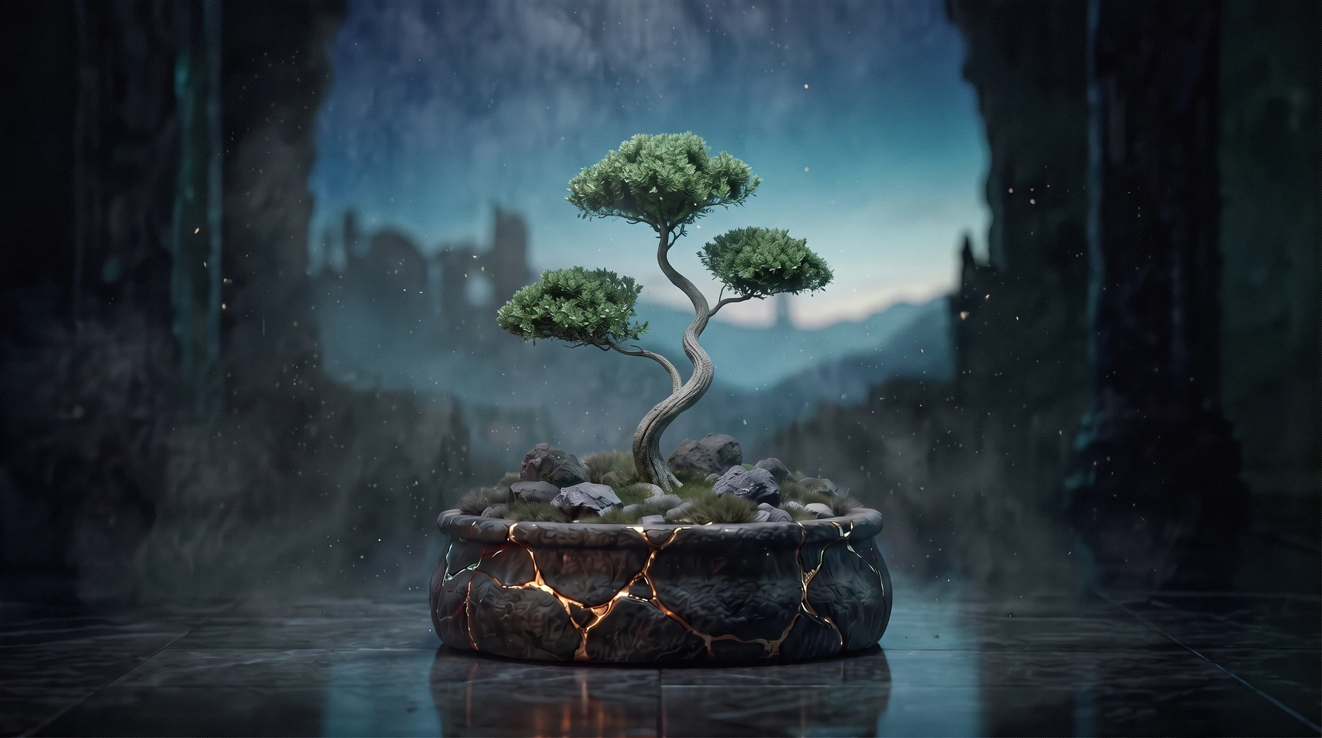 Um bonsai jovem de tronco fino e curvo.