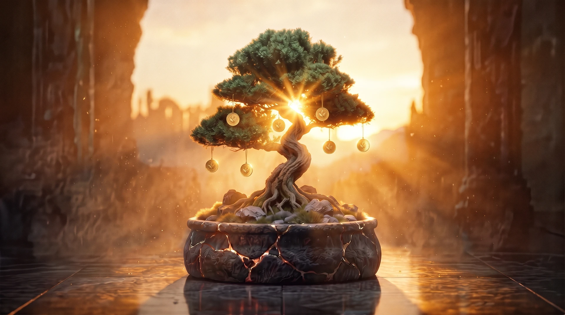 O bonsai ao nascer do sol com sete moedas de ouro penduradas como frutos.