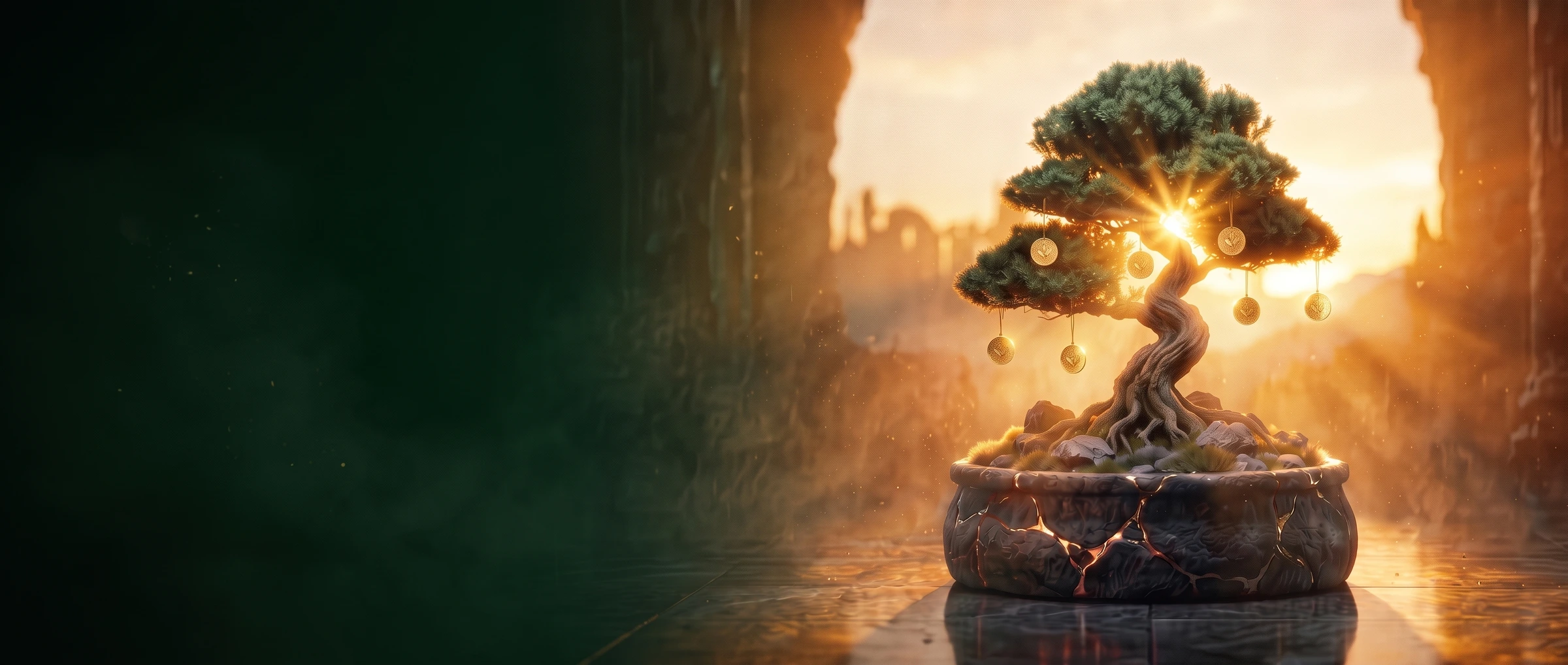 Bonsai adulto em um vaso de pedra com rachaduras douradas, com sete moedas de ouro penduradas como frutos, ao nascer do sol.